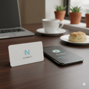 NFC business card placed on a table beside a smartphone
