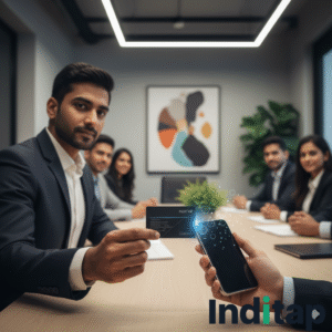 Indian corporate employee tapping an NFC business
